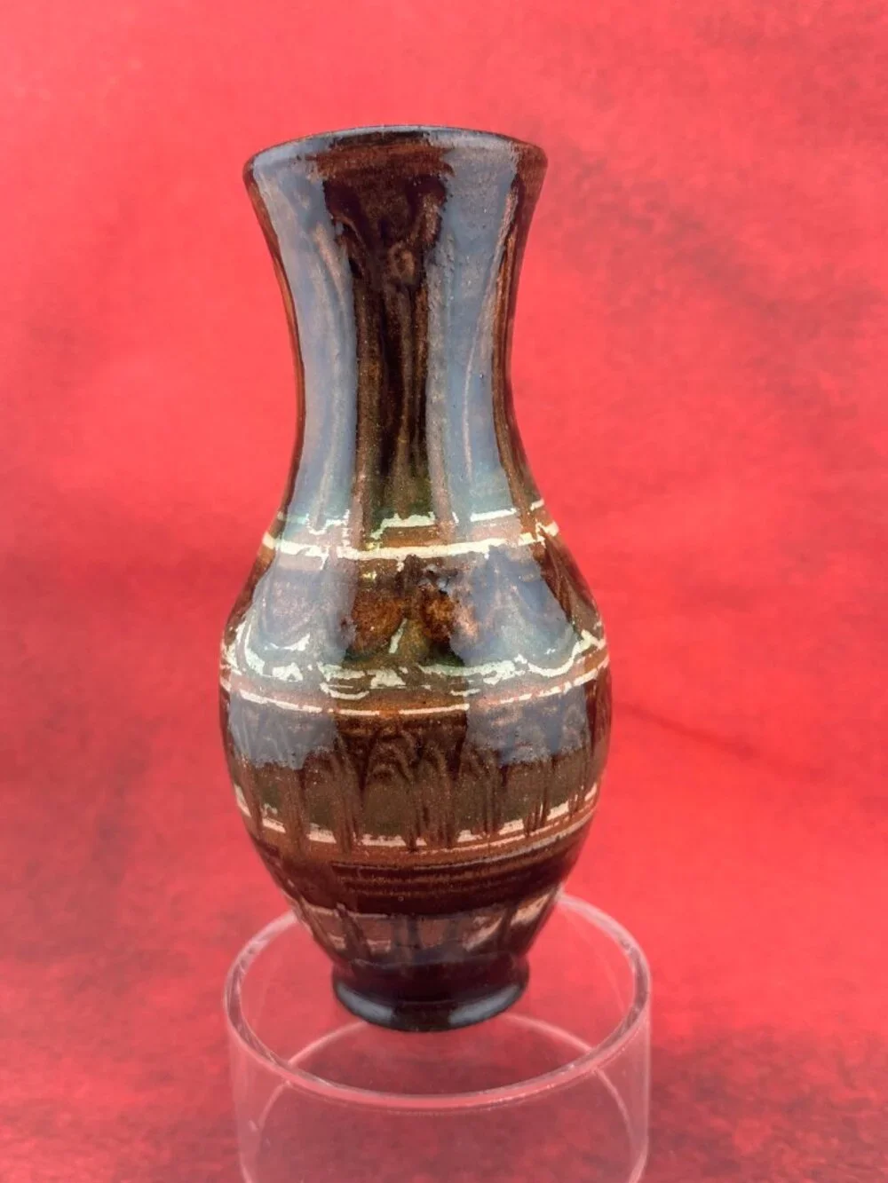 VINTAGE DRIP GLAZED STUDIO ART POTTERY VASE HAND-MADE AND HAND- PAINTED 6.5 in
